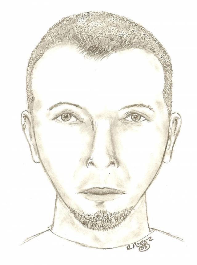 Composite Sketch of the suspect. Description: White male, late 20s early 30s, short brown hair, bluish-green eyes, 5’07” to 5’08” tall, 150 to 160 lbs, thin medium build, white T-shirt with unknown design on front, blue jean shorts, black shoes.