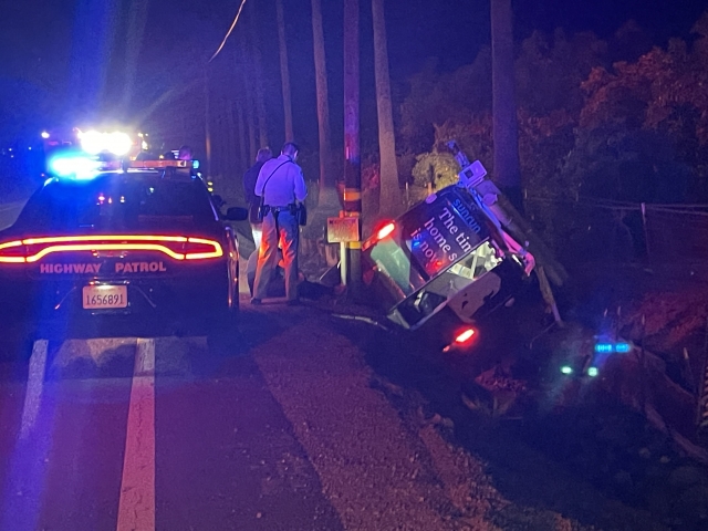 On Wednesday, February 19th, at 7:16 p.m., Ventura County Fire Department, AMR Paramedics, and California Highway Patrol responded to a vehicle in a ditch on SR23 at West Guiberson Road. Arriving firefighters reported a single company van in the ditch with moderate damage. The driver was transported to a local hospital in an ambulance, condition unknown.  Photo credit Angel Esquivel.