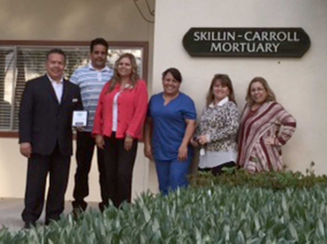 Skillin-Carroll Mortuary, a Fillmore Chamber of Commerce member, receives their membership plaque. They are committed to helping their client families with compassionate, professional and personal service. Pictured from left to right: Martin Guerrero, Ralph Jimenez, Ari Larson, Maura Gomez, Linda Vazquez and Irma Magana.