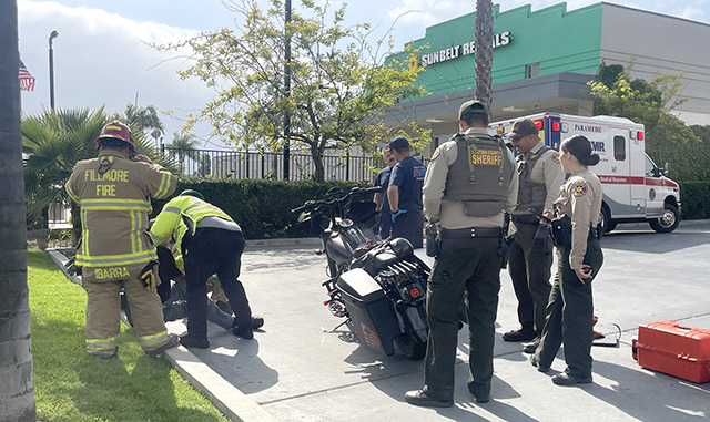 On Sunday, May 17, at approximately 4:15 p.m., Fillmore Police Department, Fillmore City Fire, and AMR Paramedics were dispatched to a reported traffic collision at Ventura Street and B Street. Deputies arrived and located a solo motorcyclist who sustained minor injuries. Deputies conducted a DUI investigation and arrested the rider for DUI. He was booked at the Ventura County Main Jail Facility. Photo credit Angel Esquivel.