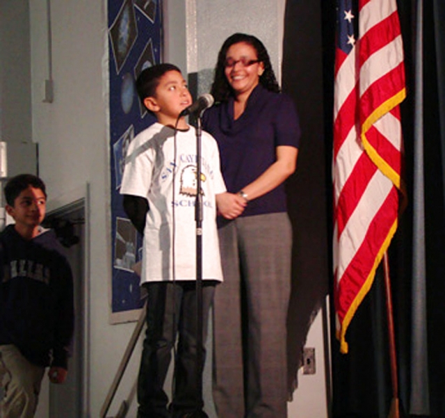 Pictured is 5th grader Alex Turcios asking a question live to the Astronauts currently on the International Space Station. His question was “How do you shower in space”? San Cayetano had five students attend the live downlink event at Vintage Magnet School in North Hills on January 27th.