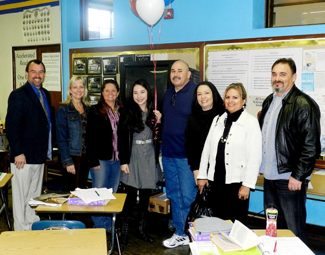 (l-r) Principal John Wilber, Tammy Hobson, Cindy Jackson, Student of the Year Vanessa Villa, Noe and Norma Villa, Ari Larson, and Eric Vigil.