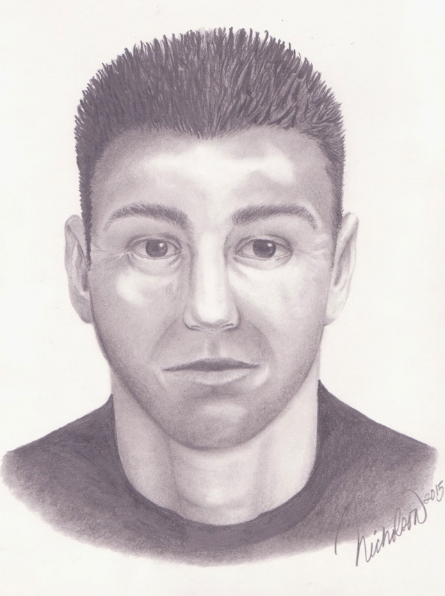 The suspect is described as an adult Hispanic male, 5’8” and 150 pounds with short spiked hair. He may be associated with a silver compact vehicle. The attached sketch is a depiction of the suspect.