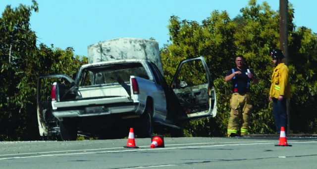 On Monday, May 6, at 9:30am, Ventura County Fire Department was on-scene of a pickup truck fully engulfed on eastbound SR126 / Pyle Road. According to CHP the truck was on a tow truck and caught on fire. Photo credit Angel Esquivel-Firephoto_91.