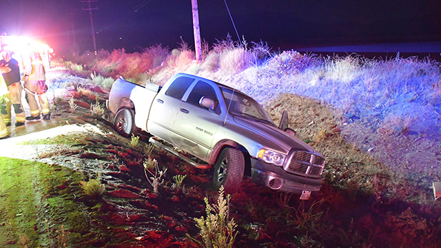 On Sunday, August 30, at approximately 10:41 p.m., the Fillmore Police Department, Fillmore City Fire, and AMR Paramedics responded to a reported traffic collision in the 400 block of Chambersburg Road. Deputies arrived and located a gray Ram pickup truck that had gone off the roadway and into a ditch. The driver was evaluated at the scene and declined medical treatment. Deputies learned that the driver had been leaving a rodeo/concert event taking place across the street from the collision location. The California Highway Patrol responded and took over the investigation. At this time, it is unknown whether the driver was arrested for DUI. Photo credit Angel Esquivel.