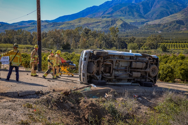 On Monday, April 8, at 3:38 p.m., the Ventura County Fire Department, AMR Paramedics, and California Highway Patrol responded to a reported overturned vehicle on westbound SR126, just east of Old Telegraph Road. Arriving firefighters found a white truck on its side. AMR Paramedics treated one patient, who refused medical treatment. The cause of the crash is being investigated. Photo credit Angel Esquivel-Firephoto_91.