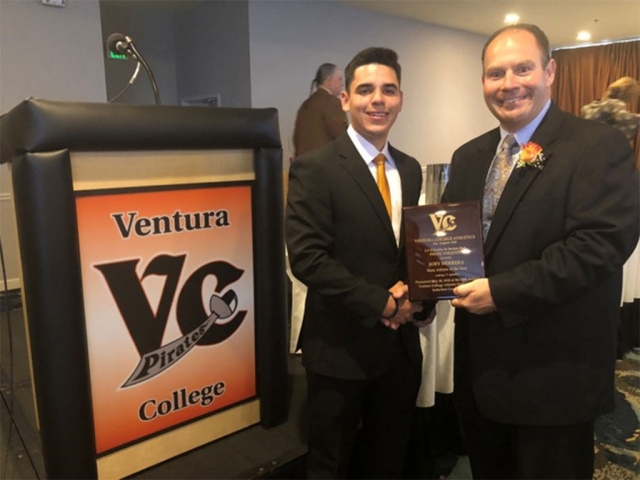 Pictured above is Joey Herrera receiving the Ventura College Athlete of the Year award presented by Will Cowen, Director of Intercollegiate Athletics. 