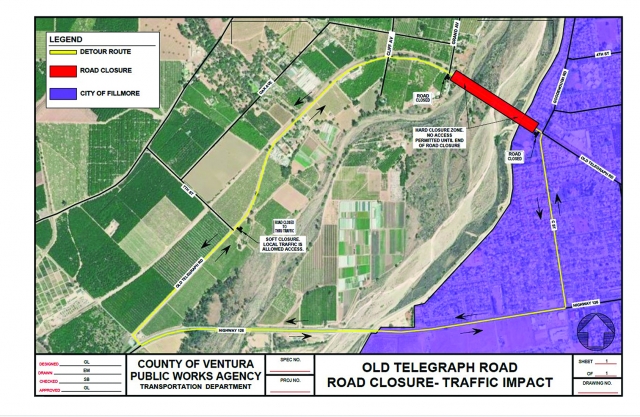 ROAD CLOSURE ALERT: Old Telegraph Road Bridge west of Fillmore is closed indefinitely. Road closed and detour signs on Old Telegraph Road and surrounding streets redirect traffic to alternate routes. Drivers will experience minor traffic delays at major intersections approaching Highway 126. #bridgeclosure #drivesafe. Courtesy https://www.facebook.com/VCpublicworks; https://www.facebook.com/photo?fbid=79358402 9470369&set=a.227031162792328.