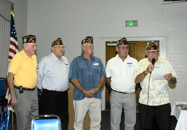 The Veterans or Foreign Wars, Post 9637, Annual Appreciation Dinner was held on Tuesday, September 15, 2009, at the Fillmore Veterans Memorial Building. Pictured are John Pressey, Al Rosette, Victor Westerberg, Jim Rogers, with Bobby Donald giving Commendations to the others. The evening ended with dessert, a large cake decorated with the American Flag. Photos courtesy Chris Egedi-Sespe Sun.