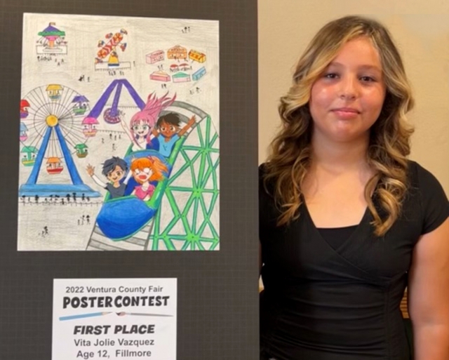 Congratulations to Fillmore’s Vita Jolie Vazquez, 12-years old of Fillmore Middle School who won this year’s Ventura County Fair Poster Contest earning the grand prize of $500. You can see her poster in color on page 10. Photo credit Ventura County Fairgrounds and Event Center.