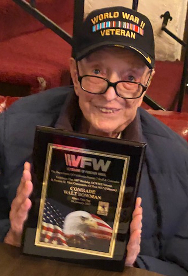 On January 4, 2023, Fillmore resident Walter Bowman was given a plaque commemorating his military service presented by the Veterans of Foreign Wars (VFW) District 7 Chaplain Allen Berry. Also in attendance and representing the Fillmore VFW Post 9637 were Tom Ivey (Post 9637 Quartermaster), Jim Mills (Post 9637 Commander), and Ismael Alonzo (Post 9637 Junior Vice Commander). 