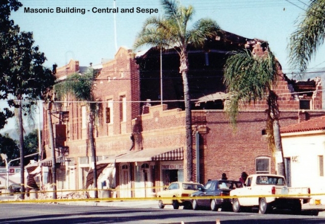 On January 17, 1994, at 4:31am, the Northridge Earthquake struck with a magnitude of 6.7. Fillmore residents woke up to damages to about 100 single-family homes and about 25 businesses, many on Central Avenue. Above is the Masonic Building on Main and Sespe Avenue, a landmark lost in the quake. Inset, a photo of the gas line break that took place two days after, where the Star Free Press reported 103 mobile homes in El Dorado experienced serve damage. Photo credit Fillmore Historical Museum.