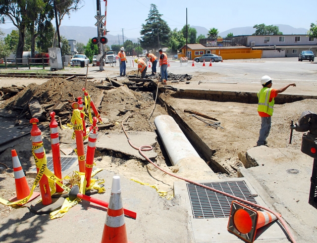 After months of traffic aggravation the “A” Street crossing repairs are finally under way. The railroad tracks have been torn-up and trenching is readied for placement of concrete conduits. A Street, from Highway 126 to Sespe Avenue will soon be repaved.
