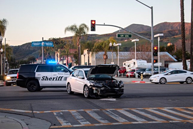On February 25th, 2022, at 5:27pm, Ventura County Sheriff’s deputies, Fillmore City Fire and AMR paramedics were dispatched to a reported traffic collision at the intersection of Central Avenue and Ventura Street /Hwy 126. Arriving deputies reported that the vehicles involved were blocking eastbound lanes in the intersection, causing additional units to respond to the area to monitor eastbound lanes from A Street / Hwy 126 through Central Ave. / Hwy 126. According to VCFD radio traffic two vehicles were involved with minor injuries reported. No ambulance transports were made; eastbound lanes were reopened by 6:20pm. Cause of the crash is under investigation. Photo credit Angel Esquivel-AE News.