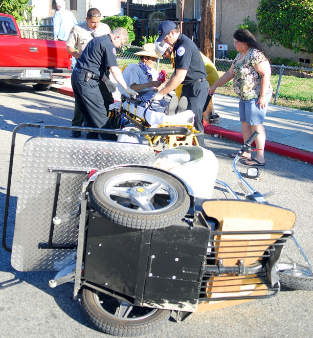 A two vehicle accident occurred on Main Street near Orange Avenue, late Monday afternoon. The elderly gentleman pictured above is alleged to have driven his three-wheel vehicle into oncoming traffic on Main when struck. The cart suffered substantial damage. The driver was transported to Santa Paula Hospital for observation.