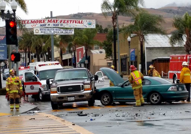 Traffic was backed up after a three-car collision took place on Friday, May 6th, at 2:55 p.m. It occurred at Central Avenue and Highway 126-Ventura Street. An ambulance responded to the call. Rain may have been a factor in the collision.