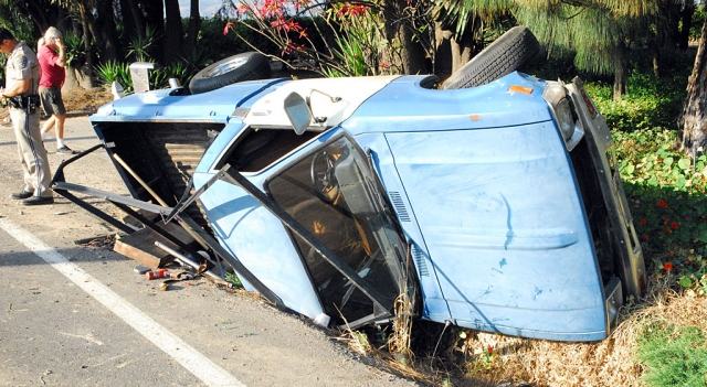 In what was a third vehicle accident within two hours, Monday, an older model Toyota pickup overturned in a ditch near 1420 Highway 23 on Grimes Canyon. No report of serious injury was released. The truck suffered severe damage. The cause of the accident is under investigation.