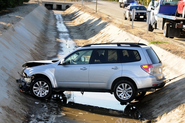 A two car accident on Grimes Canyon Road left one car in the ditch on Thursday morning, 8:15am. No serious injuries were reported.