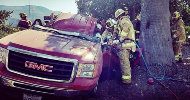 At approximately 3 p.m. on Sunday, September 23rd Fillmore Fire responded with Ventura County Fire to a traffic accident heavy rescue in the 1500 block of Pasadena Street, Bardsdale. Pictured is county fire using the Jaws of Life to extract the driver, who was treated on scene, and transported to a local hospital. The collision also involved a Jetta. No further information was available. Photos courtesy Fillmore Fire Department.