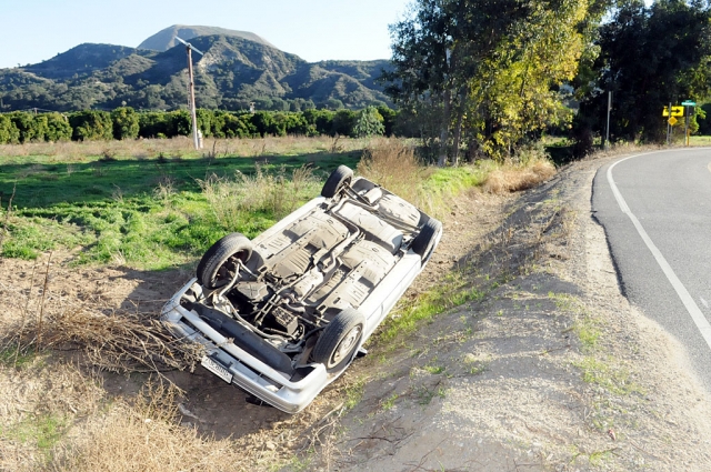 Saturday, at approximately 2:15 p.m., a northbound car on Sespe Street, Bardsdale near South Mountain Road near the cemetery, failed to negotiate the 90-degree turn and overturned into a ditch.
