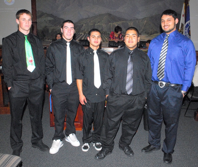 Pictured Above (l-r) are All-County recipients for Fillmore: Corey Cole, Matt De La Cruz, Zach Golson, Jose Rangel, and Emilio Gomez. Cole and Golson received Small School’s All-County Offensive Backfield; De La Cruz, All-County Linebacker; Rangel, All-County Offensive Lineman, and Gomez, All-County Defensive LIneman. Oaks Christian, Santa Paula, Nordoff, Grace Bretheren, Oak Park, and VIllanova were included in this catagory.