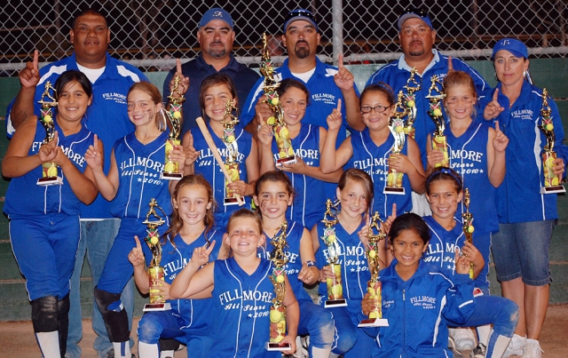 Fillmore went undefeated this weekend in Camarillo beating teams from Northridge, Hart, Camarillo and Ventura to take first place. Manager Leo Venegas, Coach Daniel Felix, Coach Frank Carrillo, Coach Danny Ibarra, and Coach Carina Crawford. Top Row- Marisa Felix, Chloe Stines, Tots Cervantes, Sami Ibarra, Tori Villegas, Middle Row- Kasey Crawford, Kayla Carrillo, Emma Couse, Cali Wyand Bottom Row- Lindsey Brown and Leana Venegas.