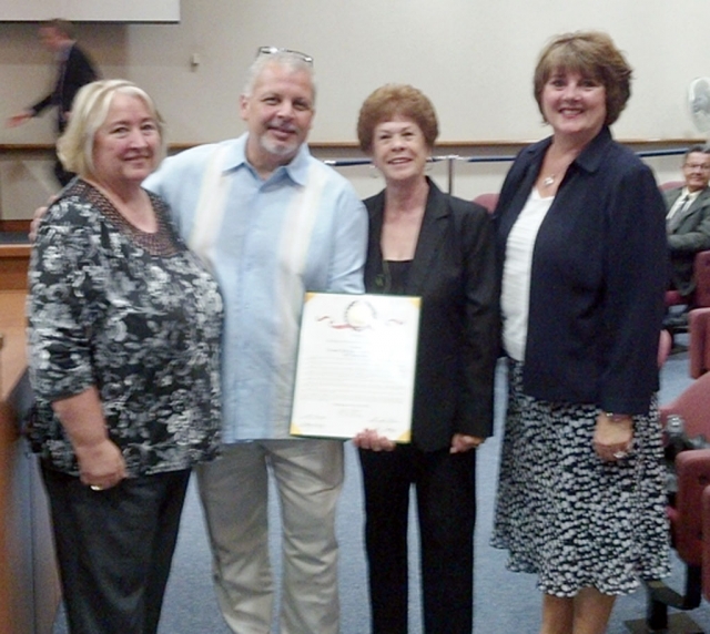 Alumni Association Board members Corinna “Chandler” Mozley, Mark Ortega, and Maria “Diaz” Kilgore are pictured with Ventura County Supervisor Kathy Long for a presentation of a 100 year congratulatory Proclamation on June 11th.