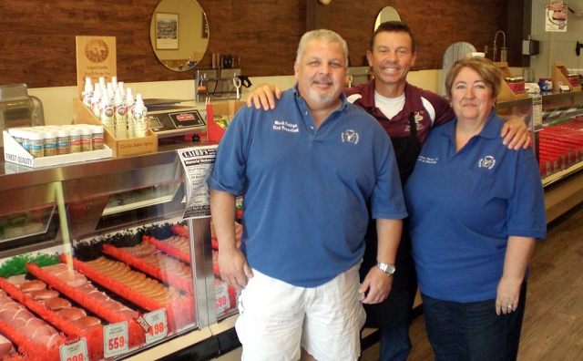 (l-r) FHS Alumni President, Mark Ortega '79, Gary Laird '76 (Lairds Butchers Shop), and FHS Alumni Vice-President, Corinna Chandler Mozley '71