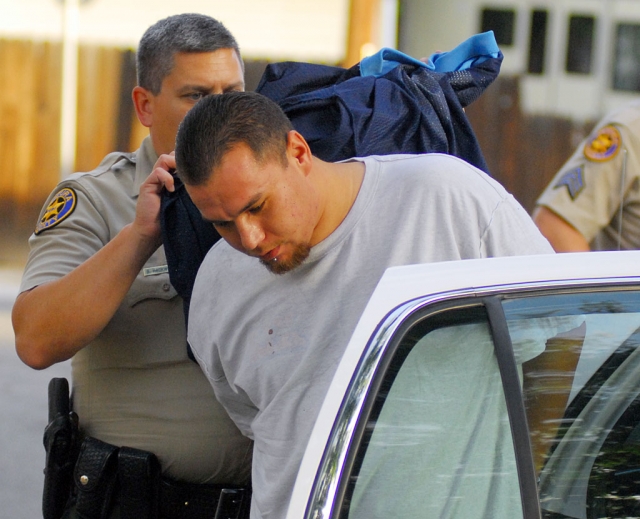 Gerardo Rodriguez being put into a police car after a brief pursuit last Sunday afternoon.