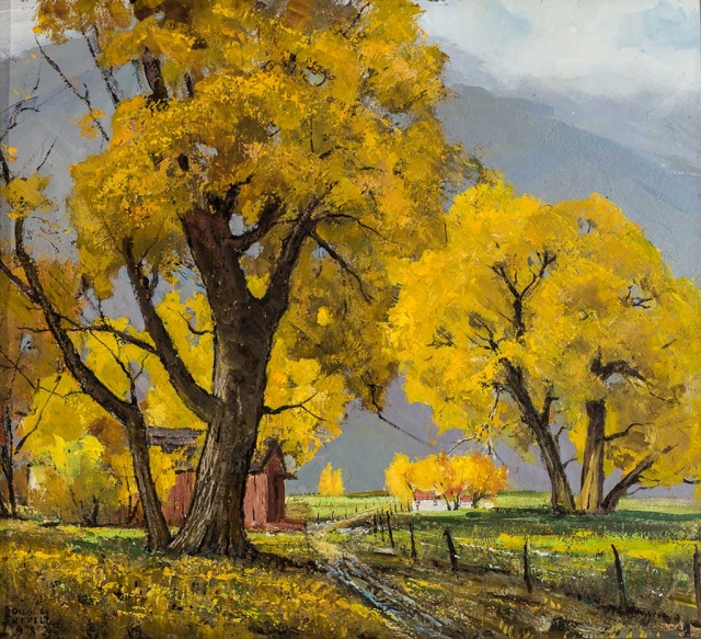 "Fall Trees Near Bishop" by Douglas Shively, 1982, oil on board.