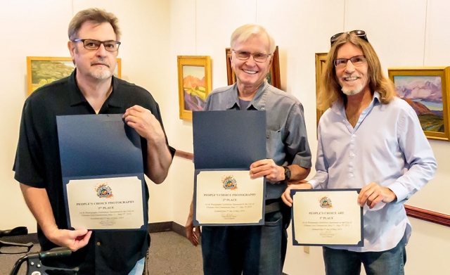 May 1st - 5th was the First Annual Fillmore Art & Photography Exhibition held at City Hall. For five days over 50 pieces were submitted and on display for all to enjoy. Pictured are this year’s Fillmore Art and Photography People’s Choice Awards Winners (l-r): Phil Fewsmith-Photography 3rd place, Bob Crum-Photography 1st and 2nd place, Paul Benavidez-Art 1st place.