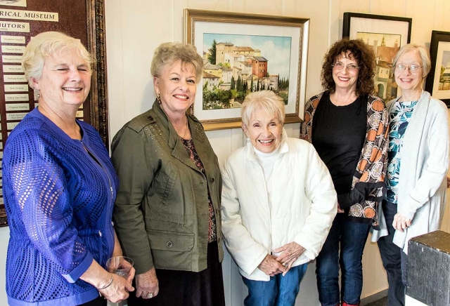 (l-r) Virginia Neuman, Luanne Hebner Perez, Judy Dressler, Lois Freeman-Fox, and Lady Jan Faulkner enjoying the art show at the Fillmore Historical Museum. Photo by Bob Crum.