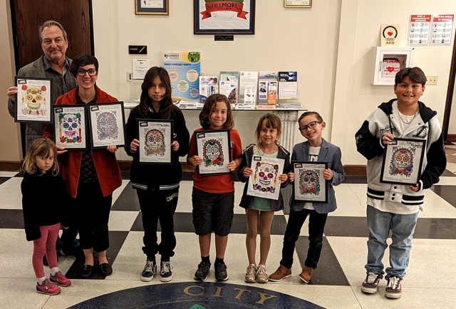 On Tuesday, January 24, the Fillmore Arts Commission presented awards for the 2022 Dia De Los Muertos Coloring Contest. Pictured are this year’s contest winners (l-r) Mariana Elvira, Ethan Klittich, Alice Klittich, Diego Herrera, and Joshua Diaz. Winners not present for the photo were Caleb Boek, Moises Patiño and Gabriel Cardona. Courtesy City of Fillmore.