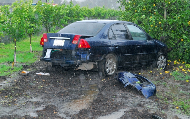 Monday, early afternoon, this Honda Civic was involved in a two-car collision on Highway 126, also near Atmore Road. The car crashed over a ditch, through a heavy steel fence and approximately 100 feet into a lemon orchard. The other vehicle seemed to sustain minor damages. Cause of the accident was not available at press time. No serious injuries were reported.