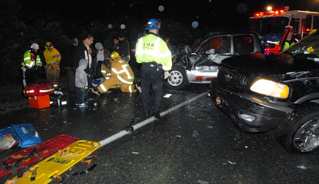 12 were hospitalized following a two vehicle collision on Hwy. 126. At approximately 6:30 p.m., west of Toland Road, near the Red Schoolhouse, Alex Rojas, 26, lost control of the SUV he was driving. Reports state he attempted to pass a pickup in front of him. According to California Highway Patrol officers, unsafe speed during a rainy period contributed to his loss of control. Rojas drifted back into the lane, and struck the vehicle he had just passed. This caused his vehicle to spin into oncoming, eastbound traffic where he was broadsided by a truck driven by Maria Troncoso, 29, of Oxnard. Rojas’ passenger, Diana Gutierrez, 22, of Palmdale, not wearing a seatbelt, was ejected from the vehicle. All suffered major injuries, including a 9-year-old boy, a 2-year-old boy. The children were transferred to UCLA and to Childrens Hospital with facial fractures and other injuries.