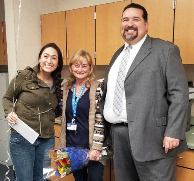 (l-r) Becky Cobos from the Fillmore Chamber of Commerce, Martha Rogers 2017 School District Employee of the Year (Mountain Vista Elementary School) and Fillmore Unified School District Superintendent Dr. Adrian Palazuelos.