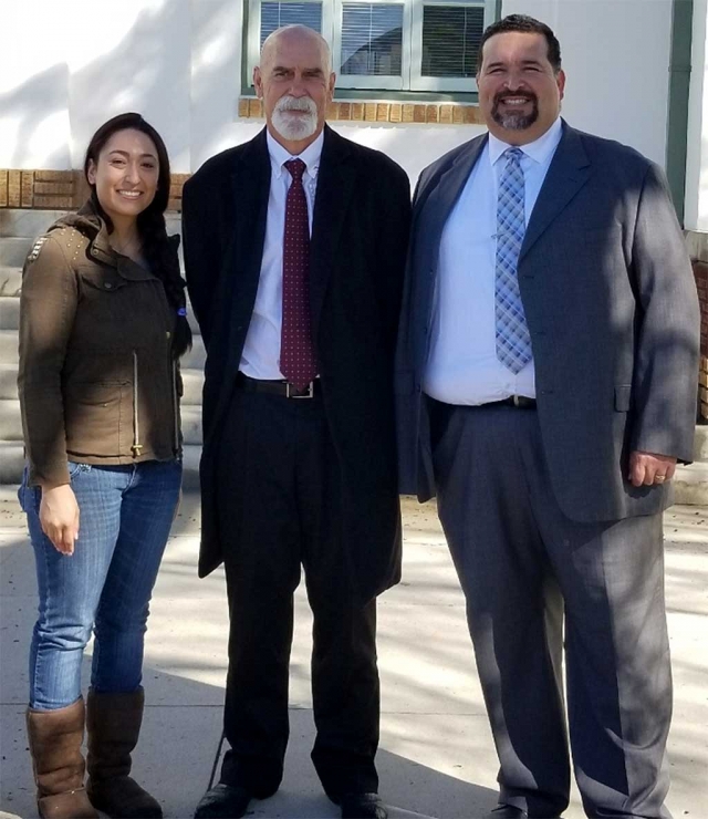 (l-r) Becky Cobos from the Fillmore Chamber of Commerce, Stefan Cvijanovich 2017 School District Administrator of the Year and Fillmore Unified School District Superintendent Dr. Adrian Palazuelos. Photo Courtesy Ari Larson