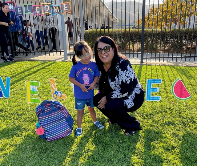 Superintendent Schieferle greeted students at each campus in the district, including on the front lawn at San Cayetano Elementary. 