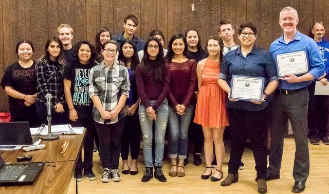 The Fillmore High School Band was honored at Tuesday night’s Board meeting. Pictured (l-r) are Evelyn Cabrera, Ahtziri Martinez, Clark Helm, Cesi Ruiz, Brianna Terrazas, Maria Elena Fernandez, Rebeca Meza Cruz, Diego Rodrigues, Krystal Guerrero, Hayley Martinez, Janet Mendez, Ana Belen Diaz, Maria Orozco, Luke Myers,
Elizabeth Manzano, and Band Director Greg Godfrey. Photo courtesy Bob Crum.