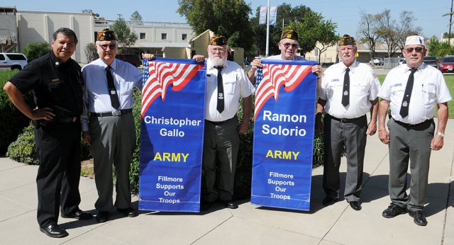 On Tuesday, May 15, an installation of two banners was held for Christopher Gallo and Ramon Solorio. Pictured (L-R) Fire Chief Rigo Landeros, Jay C. Woods, Jim Mills, Tom Ivey, Vic Westerberg, and Jim Rogers.