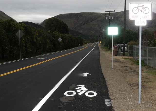 Sharrow symbols with a bicycle painted underneath have been painted onto Pasadena Avenue, Bardsdale, with more on Sespe Avenue, along with the addition of a new bicycle path. The sharrow (share) symbol with a bicycle symbol underneath means that bicycles share the same road space as bicycles. If a car comes up behind a bicycle they must follow at a safe distance behind.