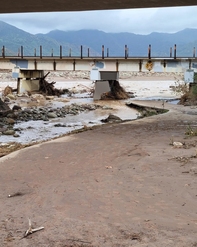 Pictured is the Sespe River bike path under the bridge by Fillmore’s Shiells Park on Sunday, January 15, filled with debris washed down for the mountain range above by heavy rains. Hundreds of feet of the levee along the bike path were washed away leaving behind the major debris, including large slabs of concrete from under the railroad tracks.