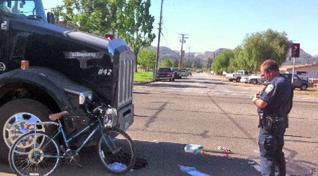 At appropximately 8:30am Wednesday morning, corner of Ventura and C Streets, a bicyclist collided with a bigrig. Guadalupe Cruz, aged 81, was taken away by ambulance to County Hospital.