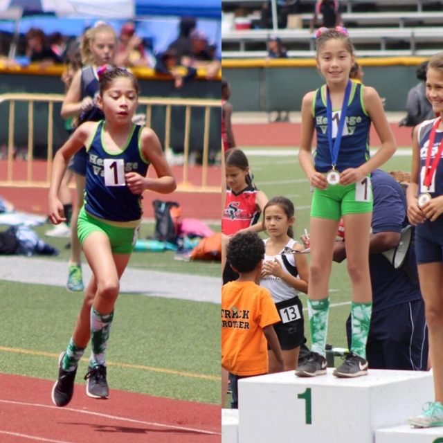 Heritage Valley Blazer Paola Estrada who broke another record in the 9/10 year old division 1500m relay with a time of 5:32.08, and also took first place in the 800m relay with a time of 2:40.04. Photos courtesy Margarita Felix.