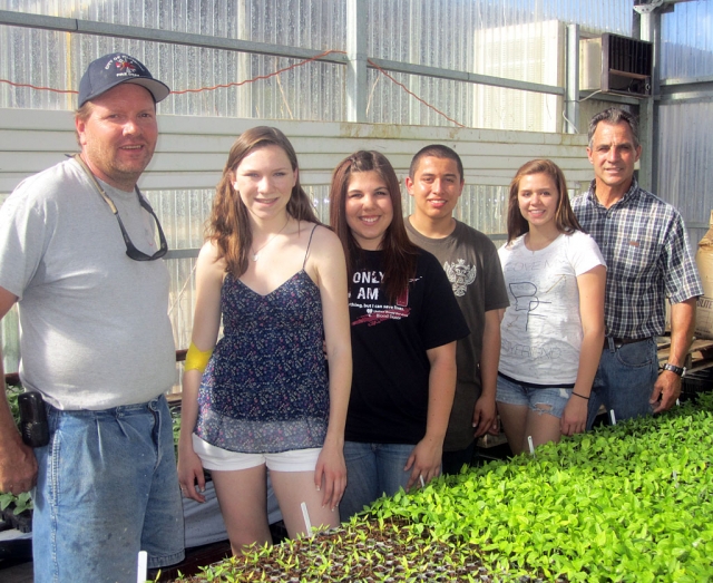 (l-r) Scott Beylik, Brooke Aguirre, Sierra Blakenship, Ryan Calderon, Alexus Galassi and Mr. Ricards in the green house at Beylik Farms were members planted squash and basil.