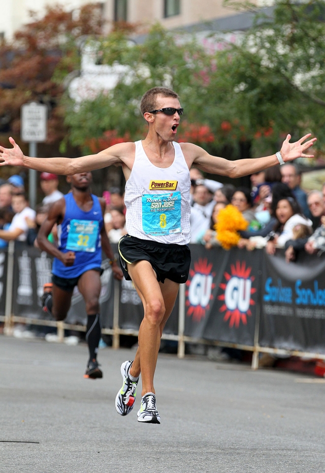 Last Sunday, Brian Ball participated in the San Jose Rock ‘n’ Roll Marathon. Above Ball celebrates because he beat the qualifying time to go on to the 2012 Olympic Marathon Trials in Houston, Texas. Ball said he needed to run 1 hr 5min flat or faster to qualify, and he ran 1hr 4min 49sec, giving him a good ll second cushion for his first U.S. Olympic Trials. After the race Ball proposed to his girlfriend Hayley Rasmussen of Reno, Nv. Ball is from Fillmore California.