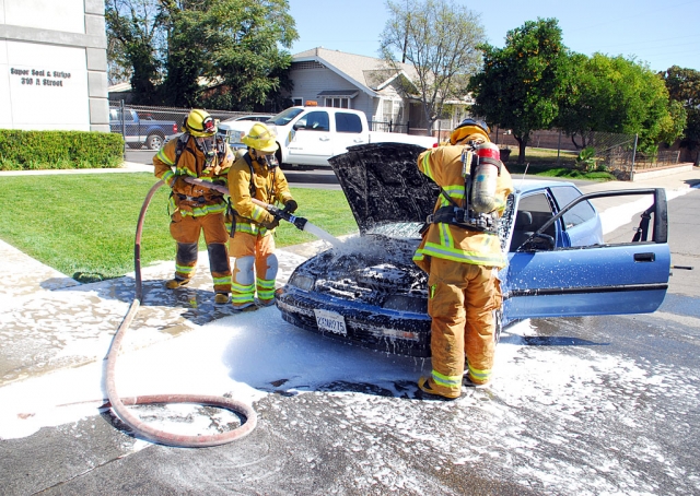 The Fillmore Volunteer Fire Department responded quickly Friday, about noon, to a fire on A Street. The Honda Civic was parked at 310 A Street when its engine caught fire.