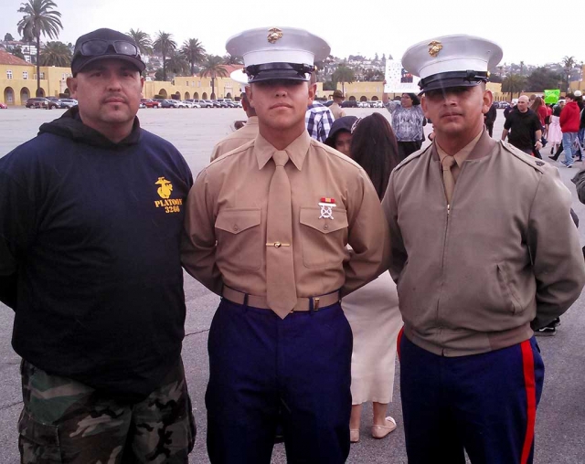 Pvt. Castro with his father, Rene Castro (left) and his recruiter Sgt. Cortes, USMC.