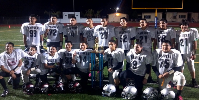 Fillmore Raiders J2, Coached by Head Coach Ralph Meza merged with Santa Paula Cardinal Youth football to form a team and competed in the 12u division. They played two games on Friday to win the championship. First victory was against Santa Ynez 41-0 and second victory was against another Fillmore team 60-48 to win the championship. Pictured (top row) Jose Romero#99, Rafa Meza#72, Daniel Lopez#4, Timmy Luna #26, Pedro Jimenez#52, Victor Jimenez#21, Beto Mejia #88, Daniel Navarro#21. (bottom row) Christian Solis, Aj Gomez, Jordan Ornales, Hugo Virto, Chris Hill, Ricky Holladay, Michael Coronado, Alex Mejia. Not pictured: Head Coach Ralph Meza, Coach Milo Solis, Coach Pete Jimenez, and Coach Troy Eskridge.