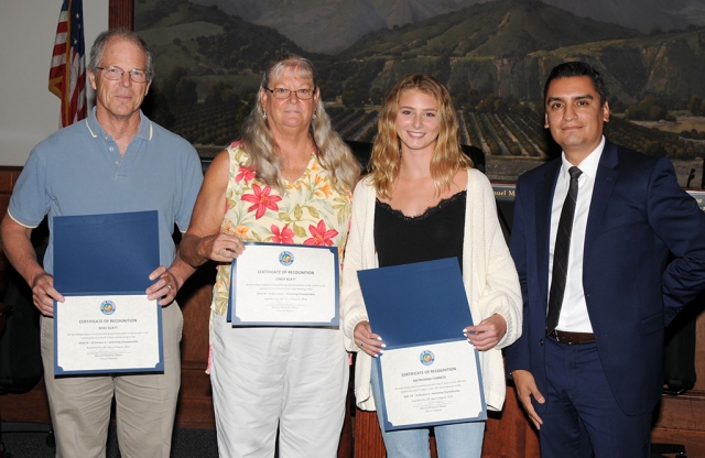 Mayor Minjares presents Certificates of Recognition to Katrionna Furness and Coaches Mike & Cindy Blatt recognizing Kat’s 1st Place win in the 100 yard backstroke and 3rd Place in the 100 yard freestyle at the 2018 CIF Southern Section Division 4 Swimming Championships.